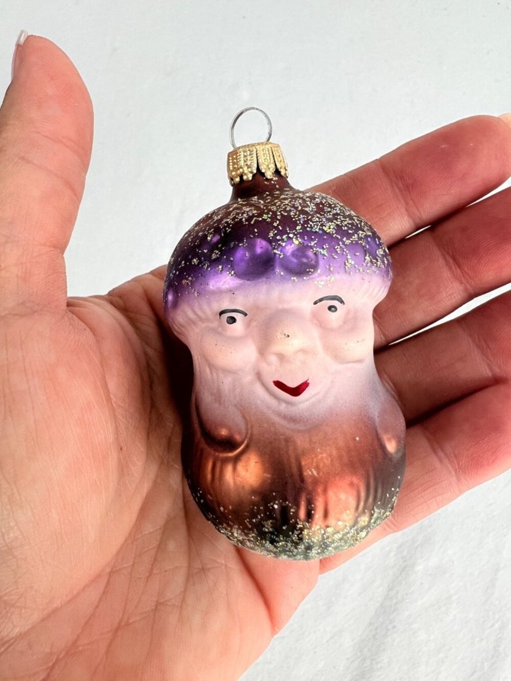 VTG Blown Glass Anthropomorphic Mushroom Christmas Ornament Purple & Brown Glitt